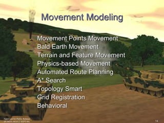 Approved for Public Release 
09-MDA-4814 (2 SEPT 09) 
14 
Movement Modeling 
Movement Points Movement 
Bald Earth Movement 
Terrain and Feature Movement 
Physics-based Movement 
Automated Route Planning 
A* Search 
Topology Smart 
Grid Registration 
Behavioral 
 