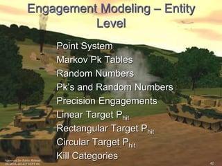 Approved for Public Release 
09-MDA-4814 (2 SEPT 09) 
40 
Engagement Modeling – Entity 
Level 
Point System 
Markov Pk Tables 
Random Numbers 
Pk’s and Random Numbers 
Precision Engagements 
Linear Target Phit 
Rectangular Target Phit 
Circular Target Phit 
Kill Categories 
 