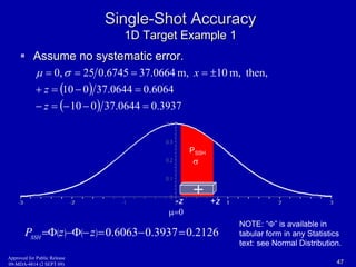Single-Shot Accuracy 
1D Target Example 1 
 Assume no systematic error. 
  x 
     
0, 25 0.6745 37.0664 m, 10 m, then, 
  
 10 0 37.0644 0.3937 
z 
    
10 0 37.0644 0.6064 
z 
     
PSSH 
-z +z 
0 
 
P zz0.60630.39370.2126 SSH 
NOTE: “” is available in 
tabular form in any Statistics 
text: see Normal Distribution. 
Approved for Public Release 
09-MDA-4814 (2 SEPT 09) 47 
 