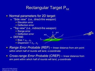 Rectangular Target Phit 
Normal parameters for 2D target: 
 "Side view" (i.e., direct-fire weapon) 
Elevation error 
Deflection error 
 "Top view" (i.e., indirect-fire weapon) 
Range error 
Deflection error 
 DEFINE: 
Bias = x , y 
Dispersion = x , y 
x 
y 
p(y) 
p(x) 
Range Error Probable (REP) – linear distance from aim point 
within which half of rounds will land, x-coordinate 
Cross-range Error Probable (CREP) – linear distance from 
aim point within which half of rounds will land, y-coordinate 
Approved for Public Release 
09-MDA-4814 (2 SEPT 09) 48 
 