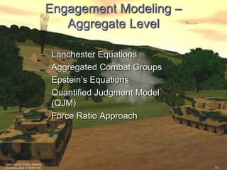 Approved for Public Release 
09-MDA-4814 (2 SEPT 09) 
53 
Engagement Modeling – 
Aggregate Level 
Lanchester Equations 
Aggregated Combat Groups 
Epstein’s Equations 
Quantified Judgment Model 
(QJM) 
Force Ratio Approach 
 