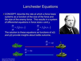 Lanchester Equations 
CONCEPT: describe the rate at which a force loses 
systems as a function of the size of the force and 
the size of the enemy force. This results in a system 
of differential equations in force sizes x and y. 
dx 
 f 1  x , y 
,...  dy 
 f  x , y ,... 
2  dt 
dt 
The solution to these equations as functions of x(t) 
and y(t) provide insights about battle outcome. 
ay 
dx 
dt 
  
bx 
dy 
dt 
  
Approved for Public Release 
09-MDA-4814 (2 SEPT 09) 54 
 