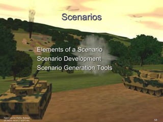 Approved for Public Release 
09-MDA-4814 (2 SEPT 09) 
58 
Scenarios 
Elements of a Scenario 
Scenario Development 
Scenario Generation Tools 
 