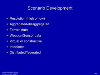 Scenario Development 
Resolution (high or low) 
Aggregated-disaggregated 
Terrain data 
Weapon/Sensor data 
Virtual or constructive 
Interfaces 
Distributed/federated 
Approved for Public Release 
09-MDA-4814 (2 SEPT 09) 60 
 