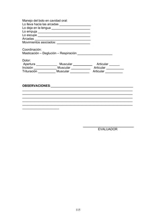 Manejo del bolo en cavidad oral:
Lo lleva hacia las arcadas __________________
Lo deja en la lengua ______________________
Lo empuja ______________________________
Lo escupe ______________________________
Arcadas ________________________________
Movimientos asociados: ___________________

Coordinación:
Masticación – Deglución – Respiración ____________________

Dolor:
 Apertura ____________ Muscular ___________ Articular ______
Incisión _____________ Muscular ___________ Articular __________
Trituración __________ Muscular ___________ Articular __________



OBSERVACIONES:_______________________________________________
_______________________________________________________________
_______________________________________________________________
_______________________________________________________________
_______________________________________________________________
_______________________________________________________________
_____________________




                                         _____________________________
                                                  EVALUADOR




                                   115
 