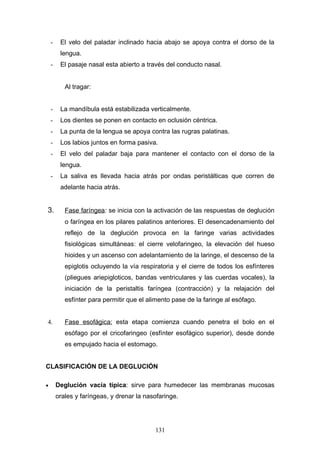 -    El velo del paladar inclinado hacia abajo se apoya contra el dorso de la
         lengua.
    -    El pasaje nasal esta abierto a través del conducto nasal.


           Al tragar:


    -    La mandíbula está estabilizada verticalmente.
    -    Los dientes se ponen en contacto en oclusión céntrica.
    -    La punta de la lengua se apoya contra las rugras palatinas.
    -    Los labios juntos en forma pasiva.
    -    El velo del paladar baja para mantener el contacto con el dorso de la
         lengua.
    -    La saliva es llevada hacia atrás por ondas peristálticas que corren de
         adelante hacia atrás.


3.         Fase faríngea: se inicia con la activación de las respuestas de deglución
           o faríngea en los pilares palatinos anteriores. El desencadenamiento del
           reflejo de la deglución provoca en la faringe varias actividades
           fisiológicas simultáneas: el cierre velofaringeo, la elevación del hueso
           hioides y un ascenso con adelantamiento de la laringe, el descenso de la
           epiglotis ocluyendo la vía respiratoria y el cierre de todos los esfínteres
           (pliegues ariepigloticos, bandas ventriculares y las cuerdas vocales), la
           iniciación de la peristaltis faríngea (contracción) y la relajación del
           esfínter para permitir que el alimento pase de la faringe al esófago.


4.         Fase esofágica: esta etapa comienza cuando penetra el bolo en el
           esófago por el cricofaringeo (esfínter esofágico superior), desde donde
           es empujado hacia el estomago.


CLASIFICACIÓN DE LA DEGLUCIÓN

•       Deglución vacía típica: sirve para humedecer las membranas mucosas
        orales y faríngeas, y drenar la nasofaringe.




                                           131
 