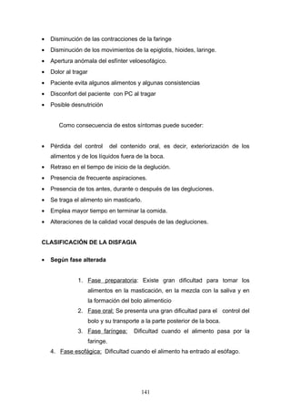 •   Disminución de las contracciones de la faringe
•   Disminución de los movimientos de la epiglotis, hioides, laringe.
•   Apertura anómala del esfínter veloesofágico.
•   Dolor al tragar
•   Paciente evita algunos alimentos y algunas consistencias
•   Disconfort del paciente con PC al tragar
•   Posible desnutrición


       Como consecuencia de estos síntomas puede suceder:


•   Pérdida del control          del contenido oral, es decir, exteriorización de los
    alimentos y de los líquidos fuera de la boca.
•   Retraso en el tiempo de inicio de la deglución.
•   Presencia de frecuente aspiraciones.
•   Presencia de tos antes, durante o después de las degluciones.
•   Se traga el alimento sin masticarlo.
•   Emplea mayor tiempo en terminar la comida.
•   Alteraciones de la calidad vocal después de las degluciones.


CLASIFICACIÓN DE LA DISFAGIA

•   Según fase alterada


               1. Fase preparatoria: Existe gran dificultad para tomar los
                      alimentos en la masticación, en la mezcla con la saliva y en
                      la formación del bolo alimenticio
               2. Fase oral: Se presenta una gran dificultad para el control del
                      bolo y su transporte a la parte posterior de la boca.
               3. Fase faríngea:          Dificultad cuando el alimento pasa por la
                      faringe.
    4. Fase esofágica: Dificultad cuando el alimento ha entrado al esófago.




                                            141
 