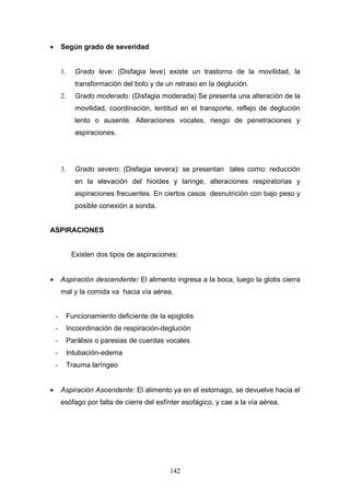•       Según grado de severidad


        1.     Grado leve: (Disfagia leve) existe un trastorno de la movilidad, la
               transformación del bolo y de un retraso en la deglución.
        2.     Grado moderado: (Disfagia moderada) Se presenta una alteración de la
               movilidad, coordinación, lentitud en el transporte, reflejo de deglución
               lento o ausente. Alteraciones vocales, riesgo de penetraciones y
               aspiraciones.




        3.     Grado severo: (Disfagia severa): se presentan tales como: reducción
               en la elevación del hioides y laringe, alteraciones respiratorias y
               aspiraciones frecuentes. En ciertos casos desnutrición con bajo peso y
               posible conexión a sonda.


ASPIRACIONES


              Existen dos tipos de aspiraciones:


•       Aspiración descendente: El alimento ingresa a la boca, luego la glotis cierra
        mal y la comida va hacia vía aérea.


    -        Funcionamiento deficiente de la epiglotis
    -        Incoordinación de respiración-deglución
    -        Parálisis o paresias de cuerdas vocales
    -        Intubación-edema
    -        Trauma laríngeo


•       Aspiración Ascendente: El alimento ya en el estomago, se devuelve hacia el
        esófago por falta de cierre del esfínter esofágico, y cae a la vía aérea.




                                              142
 