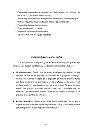 -    Frecuencia respiratoria y cardiaca anormal durante los intentos de
         alimentación. (apnea entre las comidas)
    -    Sospecha y/o confirmación de aspiración, basada en la videofluroscopía.
    -    Vómitos frecuentes relacionados con intentos de alimentación.
    -    Frecuentes ataques descontrolados.
    -    Enfermedad aguda con fiebre.
    -    Problemas metabólicos no resueltos.
    -    No consentimiento del equipo pediátrico.




                          EVALUACIÓN DE LA DEGLUCIÓN

           La evaluación de la segunda y tercera fase de la deglución pueden ser
difíciles, pero pueden identificarse y ser descritas por distintos estudios:


•       Videofluroscopía: Estudio que hace posible observar la comida y líquido
        después de que se ha tragado y ha entrado en la garganta y esófago.
        Permite observar las 3 etapas de la deglución de manera dinámica hasta
        que llega el alimento al estómago y revela la eficacia de la laringe y el
        esófago, pudiendo identificarse el problema específico. El paciente debe
        ingerir una comida o líquido mezclado con bario, sustancia que es
        detectada por radioscopía cuando entra en la faringe y esófago y se
        proyecta a una pantalla de televisión.


•       Estudio esofágico: Muestra los movimientos esofágicos de subida y
        bajada durante y después de la deglución del bolo y la motilidad cuando
        este está pasando al estómago. Permite ver RGE.




                                           150
 