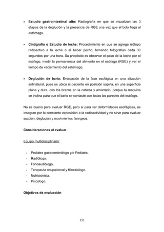 •       Estudio gastrointestinal alto: Radiografía en que se visualizan las 3
        etapas de la deglución y la presencia de RGE una vez que el bolo llega al
        estómago.


•       Cintigrafía o Estudio de leche: Procedimiento en que se agrega isótopo
        radioactivo a la leche o al beber pecho, tomando fotografías cada 30
        segundos por una hora. Su propósito es observar el paso de la leche por el
        esófago, medir la permanencia del alimento en el esófago (RGE) y ver el
        tiempo de vaciamiento del estómago.


•       Deglución de bario: Evaluación de la fase esofágica en una situación
        antinatural, pues se ubica al paciente en posición supina, en una superficie
        plana y dura, con los brazos en la cabeza y amarrado, porque la maquina
        se inclina para que el bario se contacte con todas las paredes del esófago.


No es bueno para evaluar RGE, pero si para ver deformidades esofágicas, es
inseguro por la constante exposición a la radioactividad y no sirve para evaluar
succión, deglución y movimientos faringeos.


Consideraciones al evaluar


Equipo multidisciplinario:


    -    Pediatra gastroenterólogo y/o Pediatra.
    -    Radiólogo.
    -    Fonoaudiólogo.
    -    Terapeuta ocupacional y Kinesiólogo.
    -    Nutricionista.
    -    Psicólogo.


Objetivos de evaluación




                                           151
 