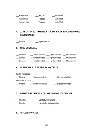 ___Abdominal           ___Reposo          ___Actividad
___Abdominal           ___Reposo          ___Actividad
___Asincrónico         ___Reposo          ___Actividad




4.   CAMBIOS EN LA EXPRESIÓN FACIAL EN UN ESFUERZO PARA
     COMUNICARSE


___Normal              ___Hiperreacción


5.   TONO OROFACIAL


___Mejillas      ___Hipertonicidad ___Hipotonicidad      ___Fluctuación
___Labios        ___Hipertonicidad ___Hipotonicidad      ___Fluctuación
___Lengua        ___Hipertonicidad ___Hipotonicidad      ___Fluctuación


6.   RESPUESTA A LA ESTIMULACIÓN TÁCTIL


Fuera de la boca
___Normal        ___Hipersensibilidad        ___Hiposensibilidad
Dentro de la boca
___Normal        ___Hipersensibilidad        ___Hiposensibilidad




7.   MORDEDURA DENTAL Y DESARROLLO DE LOS DIENTES


___Overbite            ___Mordedura cruzada
___Overjet             ___Hipertrofia de las encías




8.   REFLEJOS ORALES




                                   155
 