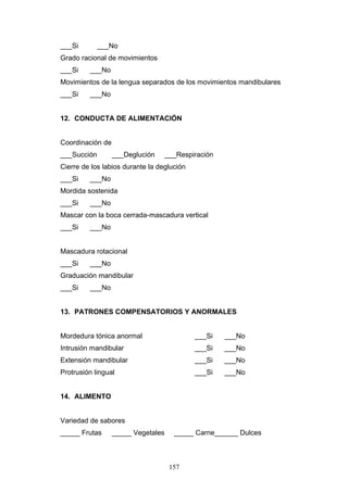 ___Si        ___No
Grado racional de movimientos
___Si    ___No
Movimientos de la lengua separados de los movimientos mandibulares
___Si    ___No


12. CONDUCTA DE ALIMENTACIÓN


Coordinación de
___Succión        ___Deglución      ___Respiración
Cierre de los labios durante la deglución
___Si    ___No
Mordida sostenida
___Si    ___No
Mascar con la boca cerrada-mascadura vertical
___Si    ___No


Mascadura rotacional
___Si    ___No
Graduación mandibular
___Si    ___No


13. PATRONES COMPENSATORIOS Y ANORMALES


Mordedura tónica anormal                    ___Si    ___No
Intrusión mandibular                        ___Si    ___No
Extensión mandibular                        ___Si    ___No
Protrusión lingual                          ___Si    ___No


14. ALIMENTO


Variedad de sabores
_____ Frutas      _____ Vegetales     _____ Carne______ Dulces



                                     157
 