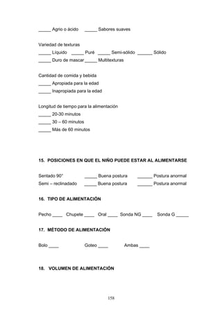 _____ Agrio o ácido     _____ Sabores suaves


Variedad de texturas
_____ Líquido   _____ Puré _____ Semi-sólido ______ Sólido
_____ Duro de mascar _____ Multitexturas


Cantidad de comida y bebida
_____ Apropiada para la edad
_____ Inapropiada para la edad


Longitud de tiempo para la alimentación
_____ 20-30 minutos
_____ 30 – 60 minutos
_____ Más de 60 minutos




15. POSICIONES EN QUE EL NIÑO PUEDE ESTAR AL ALIMENTARSE


Sentado 90°             _____ Buena postura     ______ Postura anormal
Semi – reclinadado      _____ Buena postura     ______ Postura anormal


16. TIPO DE ALIMENTACIÓN


Pecho ____ Chupete ____ Oral ____ Sonda NG ____         Sonda G _____


17. MÉTODO DE ALIMENTACIÓN


Bolo ____               Goteo ____         Ambas ____




18. VOLUMEN DE ALIMENTACIÓN




                                  158
 
