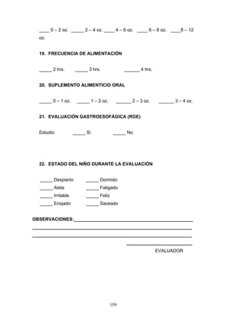 ____ 0 – 2 oz. _____ 2 – 4 oz. ____ 4 – 6 oz. ____ 6 – 8 oz. ____8 – 12
  oz.


  19. FRECUENCIA DE ALIMENTACIÓN


  _____ 2 hrs.       _____ 3 hrs.             ______ 4 hrs.


  20. SUPLEMENTO ALIMENTICIO ORAL


  _____ 0 – 1 oz.    _____ 1 – 2 oz.      ______ 2 – 3 oz.     ______ 3 – 4 oz.


  21. EVALUACIÓN GASTROESOFÁGICA (RGE)


  Estudio           _____ Si             _____ No




  22. ESTADO DEL NIÑO DURANTE LA EVALUACIÓN


  _____ Despierto         _____ Dormido
  _____ Aleta             _____ Fatigado
  _____ Irritable         _____ Feliz
  _____ Enojado           _____ Saceado


OBSERVACIONES:_______________________________________________
_______________________________________________________________
_______________________________________________________________
                                              __________________________
                                                              EVALUADOR




                                        159
 