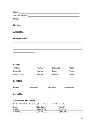 Óseo: __________________________________________________________
Velo del Paladar: _________________________________________________
Úvula: __________________________________________________________


Mordida:


Amígdalas:


Observaciones:
__________________________________________________________________
__________________________________________________________________
__________________________________________________________________
_____________________




5.- VOZ
Timbre:                    Normal          Disfónico           Nasal
Intensidad:                Normal          Débil               Fuerte
Altura Tonal:              Normal          Aguda               Grave


6.- RITMO


Normal            Bradilalia          Taquilalia         Tartamudez


7.- HABLA:


Articulación de palabras
B C CH D F G J L LL M N Ñ P R RR S T
BALA                       CEBOLLA                     HABA
CASA                       PAQUETE                     SACO
CHALECO                    CUCHILLO                    LECHE


                                                                        18
 