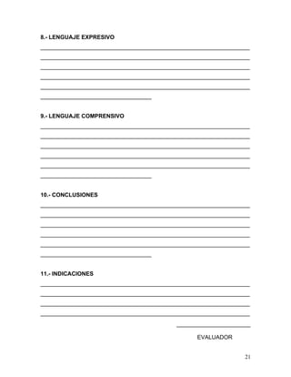 8.- LENGUAJE EXPRESIVO
__________________________________________________________________
__________________________________________________________________
__________________________________________________________________
__________________________________________________________________
__________________________________________________________________
___________________________________


9.- LENGUAJE COMPRENSIVO
__________________________________________________________________
__________________________________________________________________
__________________________________________________________________
__________________________________________________________________
__________________________________________________________________
___________________________________


10.- CONCLUSIONES
__________________________________________________________________
__________________________________________________________________
__________________________________________________________________
__________________________________________________________________
__________________________________________________________________
___________________________________


11.- INDICACIONES
__________________________________________________________________
__________________________________________________________________
__________________________________________________________________
__________________________________________________________________
                                          ____________________

                                                 EVALUADOR


                                                                21
 