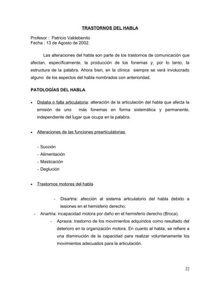 TRASTORNOS DEL HABLA

Profesor : Patricio Valdebenito
Fecha : 13 de Agosto de 2002.

           Las alteraciones del habla son parte de los trastornos de comunicación que
afectan, específicamente, la producción de los fonemas y, por lo tanto, la
estructura de la palabra. Ahora bien, en la clínica siempre se verá involucrado
alguno de los aspectos del habla nombrados con anterioridad.

PATOLOGÍAS DEL HABLA

•       Dislalia o falla articulatoria: alteración de la articulación del habla que afecta la
        emisión de uno            más fonemas en forma sistemática y permanente,
        independiente del lugar que ocupa en la palabra.


•       Alteraciones de las funciones prearticulatorias


        - Succión
        - Alimentación
        - Masticación
        - Deglución


•       Trastornos motores del habla


                   -    Disartria: afección al sistema articulatorio del habla debido a
                        lesiones en el hemisferio derecho.
    -    Anartria: incapacidad motora por daño en el hemisferio derecho (Broca).
               -       Apraxia: trastorno de los movimientos adquiridos como resultado del
                       deterioro en la organización motora. En cuanto al habla, se refiere a
                       una disminución de la capacidad para realizar voluntariamente los
                       movimientos adecuados para la articulación.




                                                                                          22
 