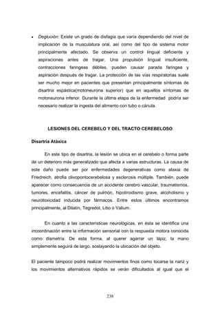 •   Deglución: Existe un grado de disfagia que varía dependiendo del nivel de
    implicación de la musculatura oral, así como del tipo de sistema motor
    principalmente afectado. Se observa un control lingual deficiente y
    aspiraciones    antes   de   tragar.    Una   propulsión   lingual   insuficiente,
    contracciones faringeas débiles, pueden causar parada faringea y
    aspiración después de tragar. La protección de las vías respiratorias suele
    ser mucho mejor en pacientes que presentan principalmente síntomas de
    disartria espástica(motoneurona superior) que en aquellos síntomas de
    motoneurona inferior. Durante la última etapa de la enfermedad podría ser
    necesario realizar la ingesta del alimento con tubo o cánula.




        LESIONES DEL CEREBELO Y DEL TRACTO CEREBELOSO

Disartria Atáxica

       En este tipo de disartria, la lesión se ubica en el cerebelo o forma parte
de un deterioro más generalizado que afecta a varias estructuras. La causa de
este daño puede ser por enfermedades degenerativas como ataxia de
Friedreich, atrofia olivopontocerebelosa y esclerosis múltiple. También, puede
aparecer como consecuencia de un accidente cerebro vascular, traumatismos,
tumores, encefalitis, cáncer de pulmón, hipotiroidismo grave, alcoholismo y
neurotoxicidad inducida por fármacos. Entre estos últimos encontramos
principalmente, al Dilatín, Tegredol, Litio o Valium.


       En cuanto a las características neurológicas, en ésta se identifica una
incoordinación entre la información sensorial con la respuesta motora conocida
como dismetría. De esta forma, al querer agarrar un lápiz, la mano
simplemente seguirá de largo, soslayando la ubicación del objeto.


El paciente tampoco podrá realizar movimientos finos como tocarse la nariz y
los movimientos alternativos rápidos se verán dificultados al igual que el




                                           238
 
