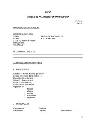 ANEXO

                 MODELO DE ANAMNESIS FONOAUDIOLOGÍCA

                                                                N° Ficha:
                                                                  Fecha:

DATOS DE IDENTIFICACIÓN


NOMBRE COMPLETO   :
SEXO :                         FECHA DE NACIMIENTO:
EDAD :                         ESCOLARIDAD    :
ADULTO RESPONSABLE:
DIRECCIÓN :
TELÉFONO :


MOTIVO DE CONSULTA




ANTECEDENTES PERSONALES


•   PRENATALES

Edad de la madre durante gestación    :
Estado emocional de la madre :
Duración del embarazo :
Situación de embarazo      :
Control del embarazo       :
Estimulación intrauterina :
Ingestión de
             - tóxicos
             - alcohol
             - drogas
             - medicinas
             - cigarrillos


•   PERINATALES

Parto normal :              Cesárea :
Pre-término :               Término :            Post-término   :


                                                                      27
 