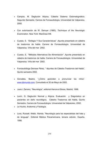 •   Campos,     M.   Deglución   Atípica,    Cátedra       Sistema   Estomatognático,
    Segundo Semestre, Carrera de Fonoaudiología, Universidad de Valparaíso,
    2000.


•   Con autorización de W. Demyer (1980), Technique of the Neurologic
    Examination. New York: MacGraw-Hill.


•   Cuesta, S. “Disfagia Y Sus Características” .Apunte presentado en cátedra
    de trastornos de habla. Carrera de Fonoaudiología. Universidad de
    Valparaíso. Viña del mar 2002.


•   Cuesta, S. “Métodos Alternativos De Alimentación” .Apunte presentado en
    cátedra de trastornos de habla. Carrera de Fonoaudiología. Universidad de
    Valparaíso. Viña del mar 2002.


•   Fonoaudióloga Denisse Pérez, “ Apuntes de Cátedra Trastornos del Habla”,
    Quinto semestre 2002.


•   Gonzáles,    Beatriz.   “¿Cómo     aprenden        a    pronunciar    los   niños”.
    www.bbmundo.com. Consultado el 30 de Mayo de 2002.


•   JuanJ. Zarranz, “Neurología”, editorial Harcorurt Brace, Madrid, 1998.


•   Lavín, G, Deglución Normal y Atípica. Evaluación                 y Diagnóstico en
    pacientes sin daño neurológico,         Cátedra Trastornos del Habla, Quinto
    Semestre, Carrera de Fonoaudiología, Universidad de Valparaíso, 2002.
•   Le Huche, Anatomia y Fisiología.


•   Love, Russell. Webb, Wanda. “Neurología para los especialistas del hala y
    de lenguaje”. Editorial Médica Panamericana, tercera edición, España,
    1998.




                                       279
 