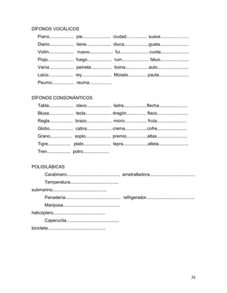 DÍFONOS VOCÁLICOS
    Piano.................... pie....................... ciudad................. suave.......................
    Diario.................... tiene.................... diuca....................guata.......................
    Violín.................... nuevo................... fui........................cuota.......................
    Piojo..................... fuego.................... ruin...................... fatuo.......................
    Vaina.................... peineta................. boina...................auto.........................
    Laico.................... rey........................ Moisés................pauta........................
    Peumo.................. reuma..................


DÍFONOS CONSONÁNTICOS
    Tabla.................... clavo.................... ladra...................flecha.......................
    Blusa.................... tecla..................... dragón................ flaco.........................
    Regla................... brazo..................... micro.................. fruta........................
    Globo................... cabra.................... crema..................cofre........................
    Grano.................. soplo..................... premio.................atlas.........................
    Tigre.................. plato...................... lepra....................atleta........................
    Tren................... potro.....................


POLISILÁBICAS
         Carabinero........................................... ametralladora.....................................
         Temperatura.......................................
submarino............................................
         Panadería............................................. refrigerador.......................................
         Mariposa..............................................
helicóptero..........................................
         Caperucita...........................................
bicicleta...............................................




                                                                                                                   38
 