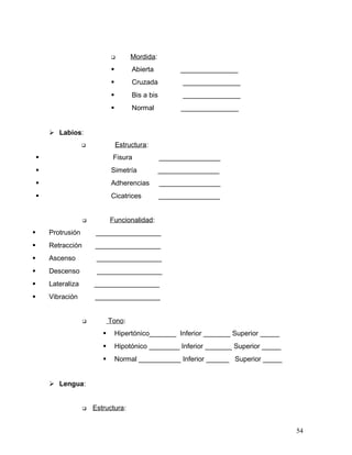         Mordida:
                                        Abierta          _______________
                                        Cruzada           _______________
                                        Bis a bis         _______________
                                        Normal           _______________


         Labios:
                                   Estructura:
                                Fisura              ________________
                               Simetría            ________________
                               Adherencias          ________________
                               Cicatrices           ________________


                               Funcionalidad:
       Protrusión        _________________
       Retracción       _________________
       Ascenso           _________________
       Descenso          _________________
       Lateraliza       _________________
       Vibración        _________________


                               Tono:
                                   Hipertónico_______ Inferior _______ Superior _____
                                   Hipotónico ________ Inferior _______ Superior _____
                                   Normal ___________ Inferior ______ Superior _____


         Lengua:


                        Estructura:


                                                                                          54
 