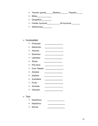     Tamaño: grande______ Mediano_______ Pequeño _____
           Bífida:_____________
           Geográfica:_________
           Frenillo: funcional____________ No funcional ________
           Adherencias_________




   Funcionalidad:
           Protrusión    _________________
           Retracción    _________________
           Ascenso        _________________
           Descenso       _________________
           Lateraliza    _________________
           Afuera        _________________
           Piso boca      _________________
           Cont. Paladar _________________
           Alvéolos      _________________
           Doblarla      _________________
           Acanalarla    _________________
           Punta         _________________
           Ancharla      _________________
           Vibración     _________________


   Tono:
           Hipertónico      ________________
           Hipotónico       ________________
           Normal           ________________




                                                                    55
 