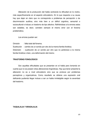 Alteración de la producción del habla centrando la dificultad en lo motriz,
más específicamente en el aspecto articulatorio. En lo que respecta a su causa
hay que dejar en claro que no corresponde a problemas de percepción o de
discriminación auditiva, sino más bien a un déficit cognitivo, sensorial o
sociocultural e incluso un trastorno de tipo afectivo. Refiriéndose a lo errores estos
son estables, es decir, cometen siempre el mismo error con el fonema
problemático.


       Los errores pueden ser:


Omisión          : falta total del fonema.
Sustitución      : cambio de un sonido por otro de la misma familia fonética.
Distorsión       : sustitución de un sonido por otro que no pertenece a la misma
familia fonética o bien, una deformación del mismo.


TRASTORNO FONOLÓGICO


       Son aquellas dificultades que se presentan en el habla pero tomando en
cuenta que no se poseen otras alteraciones lingüísticas. Hay que tener presente la
alteración no es a nivel articulatorio sino que se produce por problemas
perceptivos y organizativos. Como resultado se obtiene una expresión oral
deficiente pudiendo llegar incluso a ser un habla ininteligible según la severidad
del trastorno.




TAQUILALIA Y BRADILALIA



                                                                                   69
 