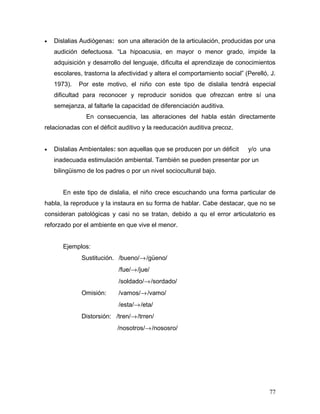 •   Dislalias Audiógenas: son una alteración de la articulación, producidas por una
    audición defectuosa. “La hipoacusia, en mayor o menor grado, impide la
    adquisición y desarrollo del lenguaje, dificulta el aprendizaje de conocimientos
    escolares, trastorna la afectividad y altera el comportamiento social” (Perelló, J.
    1973).   Por este motivo, el niño con este tipo de dislalia tendrá especial
    dificultad para reconocer y reproducir sonidos que ofrezcan entre sí una
    semejanza, al faltarle la capacidad de diferenciación auditiva.
                En consecuencia, las alteraciones del habla están directamente
relacionadas con el déficit auditivo y la reeducación auditiva precoz.


•   Dislalias Ambientales: son aquellas que se producen por un déficit      y/o una
    inadecuada estimulación ambiental. También se pueden presentar por un
    bilingüismo de los padres o por un nivel sociocultural bajo.


       En este tipo de dislalia, el niño crece escuchando una forma particular de
habla, la reproduce y la instaura en su forma de hablar. Cabe destacar, que no se
consideran patológicas y casi no se tratan, debido a qu el error articulatorio es
reforzado por el ambiente en que vive el menor.


       Ejemplos:
              Sustitución. /bueno/→ /güeno/
                            /fue/→ /jue/
                            /soldado/→ /sordado/
              Omisión:      /vamos/→ /vamo/
                            /esta/→ /eta/
              Distorsión: /tren/→ /trren/
                           /nosotros/→ /nososro/




                                                                                    77
 