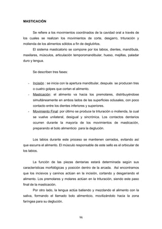 MASTICACIÓN


       Se refiere a los movimientos coordinados de la cavidad oral a través de
los cuales se realizan los movimientos de corte, desgarro, trituración y
molienda de los alimentos sólidos a fin de deglutirlos.
       El sistema masticatorio se compone por los labios, dientes, mandíbula,
maxilares, músculos, articulación temporomandibular, hueso, mejillas, paladar
duro y lengua.


       Se describen tres fases:


   -   Incisión : se inicia con la apertura mandibular, después se producen tres
       o cuatro golpes que cortan el alimento.
   -   Masticación: el alimento va hacia los premolares, distribuyéndose
       simultáneamente en ambos lados de las superficies oclusales, con poco
       contacto entre los dientes inferiores y superiores.
   -   Movimiento Final: por último se produce la trituración o molienda, la cual
       se vuelve unilateral, desigual y sincrónica. Los contactos dentarios
       ocurren durante la mayoría de los movimientos de masticación,
       preparando el bolo alimenticio para la deglución.


       Los labios durante este proceso se mantienen cerrados, evitando así
que escurra el alimento. El músculo responsable de este sello es el orbicular de
los labios.


       La función de las piezas dentarias estará determinada según sus
características morfológicas y posición dentro de la arcada. Así encontramos
que los incisivos y caninos actúan en la incisión, cortando y desgarrando el
alimento. Los premolares y molares actúan en la trituración, siendo este paso
final de la masticación.
       Por otro lado, la lengua actúa batiendo y mezclando el alimento con la
saliva, formando el llamado bolo alimenticio, movilizándolo hacia la zona
faríngea para su deglución.



                                        96
 