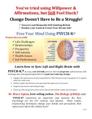 You’ve tried using Willpower &
Affirmations, but Still Feel Stuck?
Change Doesn’t Have to Be a Struggle!
 Uncover and Dismantle Self-Limiting Beliefs
 Realize your Goals & Create Your Dream Life!
Free Your Mind Using PSYCH-K®
Proven Success with:
Learn how to Sync Left and Right Brain with
PSYCH-K,® an easy, user-friendly process that re-programs subconscious self-
sabotage into self-supporting beliefs for rapid and enduring change:
 Engages the subconscious mind (responsible for 90% behavior) and re-programs it to support
what you really want.
 Utilizes simple and effective tools generated through years of research.
 Supports permanent and lasting change.
 Develops a life-long practice that can be shared with friends, family and colleagues.
Dr. Bruce Lipton, best-selling author, The Biology of Belief, said:
"PSYCH-K® represents an important step towards the New
Psychology for the 21st century, and beyond. These simple,
empowering techniques change your beliefs and perceptions that
impact your life at the cellular level.”
OVER
Life Challenges
Relationships
Prosperity
Self-esteem
Health Issues
Job Performance
 
