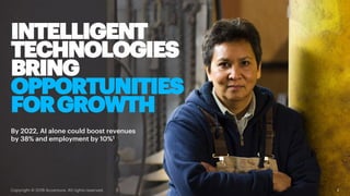 INTELLIGENT
TECHNOLOGIES
BRING
OPPORTUNITIES
FORGROWTH
2
By 2022, AI alone could boost revenues
by 38% and employment by 1...