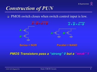 B.Supmonchai
2102-545 Digital ICs Static CMOS Circuits 8
Construction of PUN
 PMOS switch closes when switch control inpu...