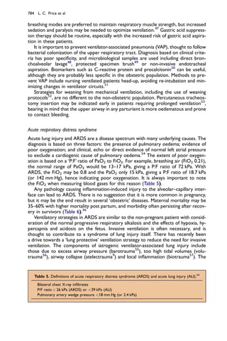 breathing modes are preferred to maintain respiratory muscle strength, but increased
sedation and paralysis may be needed to optimize ventilation.47
Gastric acid suppress-
ion therapy should be routine, especially with the increased risk of gastric acid aspira-
tion in these patients.
It is important to prevent ventilator-associated pneumonia (VAP), thought to follow
bacterial colonization of the upper respiratory tract. Diagnosis based on clinical crite-
ria has poor speciﬁcity, and microbiological samples are used including direct bron-
choalveolar lavage48
, protected specimen brush49
or non-invasive endotracheal
aspiration. Biomarkers such as C-reactive protein and procalcitonin50
can be useful,
although they are probably less speciﬁc in the obstetric population. Methods to pre-
vent VAP include nursing ventilated patients head-up, avoiding re-intubation and min-
imizing changes in ventilator circuits.51
Strategies for weaning from mechanical ventilation, including the use of weaning
protocols52
, are no different to the non-obstetric population. Percutaneous tracheos-
tomy insertion may be indicated early in patients requiring prolonged ventilation53
,
bearing in mind that the upper airway in any parturient is more oedematous and prone
to contact bleeding.
Acute respiratory distress syndrome
Acute lung injury and ARDS are a disease spectrum with many underlying causes. The
diagnosis is based on three factors: the presence of pulmonary oedema; evidence of
poor oxygenation; and clinical, echo or direct evidence of normal left atrial pressure
to exclude a cardiogenic cause of pulmonary oedema.54
The extent of poor oxygen-
ation is based on a ‘P:F’ ratio of PaO2 to FiO2. For example, breathing air (FiO2 0.21),
the normal range of PaO2 would be 13–17 kPa, giving a P:F ratio of 72 kPa. With
ARDS, the FiO2 may be 0.8 and the PaO2 only 15 kPa, giving a P:F ratio of 18.7 kPa
(or 142 mm Hg), hence indicating poor oxygenation. It is always important to note
the FiO2 when measuring blood gases for this reason (Table 5).
Any pathology causing inﬂammation-induced injury to the alveolar–capillary inter-
face can lead to ARDS. There is no suggestion that it is more common in pregnancy,
but it may be the end result in several ‘obstetric’ diseases. Maternal mortality may be
35–60% with higher mortality post partum, and morbidity often persisting after recov-
ery in survivors (Table 6).36
Ventilatory strategies in ARDS are similar to the non-pregnant patient with consid-
eration of the normal progressive respiratory alkalosis and the effects of hypoxia, hy-
percapnia and acidosis on the fetus. Invasive ventilation is often necessary, and is
thought to contribute to a syndrome of lung injury itself. There has recently been
a drive towards a ‘lung protective’ ventilation strategy to reduce the need for invasive
ventilation. The components of iatrogenic ventilator-associated lung injury include
those due to excess airway pressure (barotrauma55
), too high tidal volumes (volu-
trauma56
), airway collapse (atelectrauma9
) and local inﬂammation (biotrauma57
). The
Table 5. Deﬁnitions of acute respiratory distress syndrome (ARDS) and acute lung injury (ALI).54
Bilateral chest X-ray inﬁltrates
P/F ratio < 26 kPa (ARDS) or <39 kPa (ALI)
Pulmonary artery wedge pressure <18 mm Hg (or 2.4 kPa)
784 L. C. Price et al
 