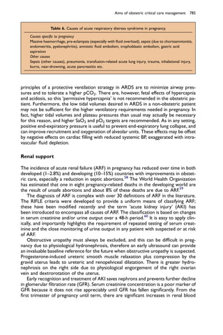 principles of a protective ventilation strategy in ARDS are to minimize airway pres-
sures and to tolerate a higher pCO2. There are, however, fetal effects of hypercapnia
and acidosis, so this ‘permissive hypercapnia’ is not recommended in the obstetric pa-
tient. Furthermore, the low tidal volumes desired in ARDS in a non-obstetric patient
may not be sufﬁcient for the higher ventilatory requirements needed in pregnancy. In
fact, higher tidal volumes and plateau pressures than usual may actually be necessary
for this reason, and higher SaO2 and pO2 targets are recommended. As in any setting,
positive end-expiratory pressure is useful to prevent end-expiratory lung collapse, and
can improve recruitment and oxygenation of alveolar units. These effects may be offset
by negative effects on cardiac ﬁlling with reduced systemic BP, exaggerated with intra-
vascular ﬂuid depletion.
Renal support
The incidence of acute renal failure (ARF) in pregnancy has reduced over time in both
developed (1–2.8%) and developing (10–15%) countries with improvements in obstet-
ric care, especially a reduction in septic abortions.58
The World Health Organization
has estimated that one in eight pregnancy-related deaths in the developing world are
the result of unsafe abortions and about 8% of these deaths are due to ARF.59
The diagnosis of ARF is complex with over 30 deﬁnitions of ARF in the literature.
The RIFLE criteria were developed to provide a uniform means of classifying ARF;
these have been modiﬁed recently and the term ‘acute kidney injury’ (AKI) has
been introduced to encompass all causes of ARF. The classiﬁcation is based on changes
in serum creatinine and/or urine output over a 48-h period.60
It is easy to apply clin-
ically, and importantly highlights the requirement of repeated testing of serum creat-
inine and the close monitoring of urine output in any patient with suspected or at risk
of ARF.
Obstructive uropathy must always be excluded, and this can be difﬁcult in preg-
nancy due to physiological hydronephrosis, therefore an early ultrasound can provide
an invaluable baseline reference for the future when obstructive uropathy is suspected.
Progesterone-induced ureteric smooth muscle relaxation plus compression by the
gravid uterus leads to ureteric and renopelviceal dilatation. There is greater hydro-
nephrosis on the right side due to physiological engorgement of the right ovarian
vein and dextrorotation of the uterus.
Early recognition and treatment of AKI saves nephrons and prevents further decline
in glomerular ﬁltration rate (GFR). Serum creatinine concentration is a poor marker of
GFR because it does not rise appreciably until GFR has fallen signiﬁcantly. From the
ﬁrst trimester of pregnancy until term, there are signiﬁcant increases in renal blood
Table 6. Causes of acute respiratory distress syndrome in pregnancy.
Causes speciﬁc to pregnancy
Massive haemorrhage, pre-eclampsia (especially with ﬂuid overload), sepsis (due to chorioamnionitis,
endometritis, pyelonephritis), amniotic ﬂuid embolism, trophoblastic embolism, gastric acid
aspiration
Other causes
Sepsis (other causes), pneumonia, transfusion-related acute lung injury, trauma, inhalational injury,
burns, near-drowning, acute pancreatitis etc.
Aims of obstetric critical care management 785
 