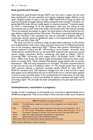 Early goal-directed therapy
Haemodynamic goal-directed therapy (GDT) was ﬁrst used in sepsis and has since
been introduced in the peri-operative care setting, targeting oxygen delivery as the
‘goal’. Original studies of sepsis in the late 1980s noted that survivors of sepsis had
supranormal levels of oxygen delivery (DO2) compared with controls.80
However, tar-
geting high DO2 levels did not initially appear to improve outcome.81
It became appar-
ent from a meta-analysis of all the optimization trials that the timing of such
interventions was crucial82
where the earlier interventions did in fact reduce mortality.
There are evidently two phases to sepsis. The early phase is characterized by low ox-
ygen delivery, high lactate and low SvO2 levels. This phase is associated with high mor-
bidity and mortality if left untreated, but may be reversible if targeted early.83
In
comparison, the later phase of ‘established’ sepsis is more hyperdynamic with a higher
SvO2, CO and DO2 (Table 10).84
This early work led to a landmark study of sepsis before admission to ICU. Rivers
et al studied patients with severe sepsis and septic shock over 6 h following presenta-
tion to the emergency department (ED).10
Patients with systemic inﬂammatory re-
sponse syndrome criteria and BP 90 mm Hg or serum lactate 4 mmol/L were
randomized to standard ED care or the early GDT protocol with continuous central
venous oxygen saturations (ScvO2) monitoring with goals as follows: CVP 8–
12 mm Hg, MAP  65 mm Hg, urine output (UO)  0.5 mL/kg/h, ScvO2  70% (or
SvO2  65%). If the ScvO2 was below target, protocolized manouevres were under-
taken to increase DO2. These included ﬂuid boluses, giving packed cells to increase
haematocrit 30% and using vasopressors or inotropes. The other important feature
in the trial was the use of antibiotics within 1 h. The overall results from the early
GDT protocol indicted a signiﬁcant mortality beneﬁt (30.5% for early GDT vs
46.5% for standard care). The important message from this is that survival in sepsis
does appear to be inﬂuenced by the care in the ﬁrst few hours, and that sepsis appears
to have an early reversible phase. It has revolutionized the importance of early diag-
nosis and accessibility to critical care facilities for patients admitted with septic shock
and severe sepsis. This principle has been extrapolated to the peri-operative care of
patients.85
Cardiopulmonary resuscitation in pregnancy
Cardiac arrests in pregnancy are fortunately rare, occurring in approximately one in
30 000 late pregnancies. They are less likely to have a primary cardiac cause compared
Table 10. Deﬁnitions of sepsis syndromes.83
Infection The inﬂammatory response to invasion of micro-organisms into normally sterile
host tissue
SIRS Response to a variety of clinical insults with more than two of: temperature 36

C
or 38

C; pulse 90 beats/min, respiratory rate 20/min; white cell count 12 or 4
Sepsis The systemic response to infection with more than two of the above SIRS criteria
Severe
sepsis
Sepsis with organ dysfunction, hypoperfusion or hypotension
(systolic blood pressure 40 mm Hg below baseline)
Septic shock Sepsis with hypotension despite adequate ﬂuid resuscitation
SIRS, systemic inﬂammatory response syndrome.
792 L. C. Price et al
 