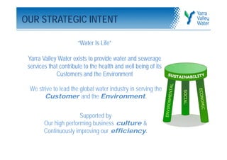 OUR STRATEGIC INTENT

                       “Water Is Life”

 Yarra Valley Water exists to provide water and sewerage
 services that contribute to the health and well being of its
             Customers and the Environment

  We strive to lead the global water industry in serving the
        Customer and the Environment.

                       Supported by
        Our high performing business culture &
        Continuously improving our efficiency.
 