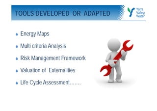 TOOLS DEVELOPED OR ADAPTED

   Energy Maps

   Multi criteria Analysis

   Risk Management Framework

   Valuation of Externalities

   Life Cycle Assessment…….
 