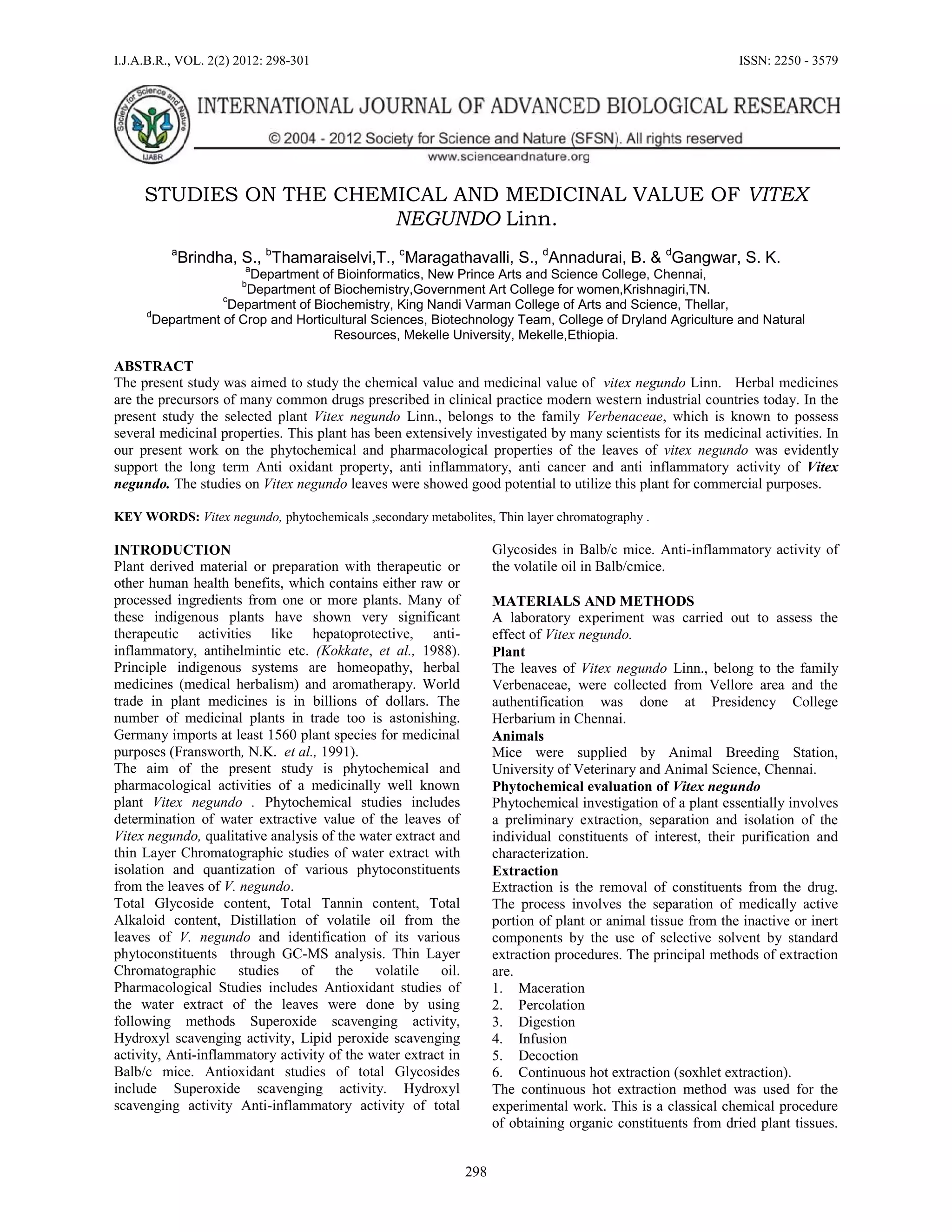 37.Studies on the chemical and medicinal value of Vitex negundo Linn. | PDF