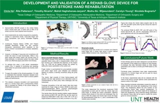 Conclusions/Future Work
v Approximately 800,000 people in the United States
have a stroke each year, of which 30% to 66% of all
stroke survivors have impaired hand functions.
v Hand impairments are mostly recognized by spasticity,
inability to open/close hands, inaccurate finger and
hand movements, and poorly modulated fingertip
forces.
v Continuous Passive Motion (CPM), and Patient
Assisted Movement (PAM) are two common
therapeutic interventions which capitalize on the
brain’s inherent neuroplasticity to increase adaptation
to stroke.
v However, a shortage of resources and compliance will
hinder the return of hand functionality. While it has
been shown that robotic motion can provide many of
these attributes, no dedicated system has been made
which can effectively apply post-stroke hand therapy.
v To address this need, a soft robotic rehabilitation
system (Fig. 1) capable of monitoring and assisting
hand motion for post-stroke patients has recently been
developed.
v To apply this system to the clinical population, it is vital
to understand the kinematic interaction between such
a robotic glove and the human hand to ensure patient
safety and performance.
v This abstract compares simulation and experimental
data on a human finger with a corresponding robotic
digit to evaluate the viability of the current design for
rehabilitation purposes.
Figure 4(a) shows the robotic digit’s angular data for the
DIP, PIP and MCP joints while Fig 4(b) shows this data for
a human finger.
The achieved ROM for MCP, PIP, and DIP joints of the
robotic digit are 85˚, 96˚, and 53˚, respectively, which are in
good agreement with the full anatomical ROM.
Figure 1: (a) Prototype of the robotic glove, (b) CAD model of a single
robotic digit.
Introduction
Method/Results
DEVELOPMENT AND VALIDATION OF A REHAB GLOVE DEVICE FOR
POST-STROKE HAND REHABILITATION
Chris Ha1, Rita Patterson2, Timothy Nicaris3, Mahdi Haghshenas-Jaryani4, Muthu BJ. Wijesundara4, Carolyn Young5, Nicoleta Bugnariu5
1Texas College of Osteopathic Medicine, 2Department of Osteopathic Manipulative Medicine, 3Department of Orthopedic Surgery and
5Department of Physical Therapy, UNTHSC; 4University of Texas at Arlington Research Institute
Glove and Soft Robotic Digits:
This system consists of five sensorized robotic digits and a
wearable fixture along with a programmable control unit
that monitors and modulates the trajectory of the fingers
(Fig. 1a). CPM can be applied through this system by
setting the motion parameters of the control unit.
Finger motion is accomplished by pneumatically actuated
soft robotic digits which uses inflatable and deflatable
bellows to produce a bending movement along the joints
(Fig. 1b).
The robotic digit consists of three bellow-shaped soft
sections and four rigid sections (in an alternative order) in
correspondence to three joints, three phalanges with the
metacarpal.
Computer simulations of the soft robotic digit have been
examined for finger range of motion (ROM) at each joint:
metacarpophalangeal (MCP), proximal interphalangeal
(PIP), and distal interphalangeal (DIP) (Fig. 2).
The results show that the resulting relative angles between
rigid sections at MCP, PIP, and DIP (Fig. 2a) can reach full
anatomical ROM (MCP: 0-90º; PIP: 0-100º, DIP: 0-70º at a
single actuation pressure of 24.3kPa, as shown in Fig. 2(b).
Figure 2: (a) Relative angles between MCP, PIP, and DIP sections, (b)
ROM for each joint with respect to actuation pressure.
Kinematic study:
A kinematic study was carried out to compare one subject’s
index finger with a robotic digit using a motion capture
system (Motion Analysis Corp, Santa Rosa, CA).
Figure 3: Marker placement on (a) a subject’s finger index and (b) a
single soft robotic digit.
(a)
(b)
Figure 4: Robotic and Human finger joint angles.
This study determined the functional anatomical ROM
requirements at each joint for both the robotic digit and
index finger. To identify the motion parameters, reflective
markers were placed on the joints and phalanges (Fig. 3a
and b). Both the subject and robotic digit moved the finger
for flexion/extension while the x, y, and z coordinates of the
markers were recorded.
A hand therapy glove has been designed to provide flexion
and extension of the fingers as an adjunct to hand therapy.
A prototype has been fabricated based on initial design
parameters and is able to provide joint ROM based on the
literature.
Functional grasp parameters have been experimentally
measured in a human finger and will be used for future
design improvements.
In the future, experimental data will be collected with the
robot on the hand to provide optimal control parameters for
passive motion of the digits.
Other important kinematic parameters include the center of
rotation (COR) and dorsal skin lengthening of the human
finger. This lengthening effects the joint location of the
corresponding robotic digit, causing misalignment. To
accommodate for this, the robotic digits will be designed to
match this lengthening. Once improved design parameters
are obtained, these data will be used to modify the robotic
glove for clinical evaluation.