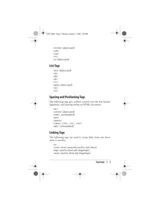 Tag Groups | 5
<strike> (deprecated)
<sub>
<sup>
<tt>
<u> (deprecated)
List Tags
<dir> (deprecated)
<dl>
<dd>
<dt>
<li>
<menu> (deprecated)
<ol>
<ul>
Spacing and Positioning Tags
The following tags give authors control over the line breaks,
alignment, and spacing within an HTML document.
<br>
<center> (deprecated)
<nobr> (nonstandard)
<pre>
<spacer>
<table> (<th>, <tr>, <td>)
<wbr> (nonstandard)
Linking Tags
The following tags are used to create links from one docu-
ment to another.
<a>
<link> (most commonly used for style sheets)
<map> (used in client-side imagemaps)
<area> (used in client-side imagemaps)
,ch01.29067 Page 5 Monday, January 7, 2002 1:09 PM
 
