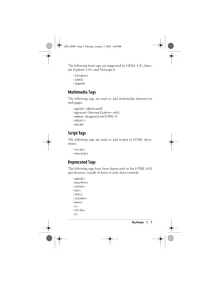 Tag Groups | 7
The following form tags are supported by HTML 4.01, Inter-
net Explorer 4.0+, and Netscape 6.
<fieldset>
<label>
<legend>
Multimedia Tags
The following tags are used to add multimedia elements to
web pages.
<applet> (deprecated)
<bgsound> (Internet Explorer only)
<embed> (dropped from HTML 4)
<object>
<param>
Script Tags
The following tags are used to add scripts to HTML docu-
ments.
<script>
<noscript>
Deprecated Tags
The following tags have been deprecated in the HTML 4.01
specification, usually in favor of style sheet controls.
<applet>
<basefont>
<center>
<dir>
<font>
<isindex>
<menu>
<s>
<strike>
<u>
,ch01.29067 Page 7 Monday, January 7, 2002 1:09 PM
 