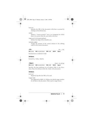 Alphabetical Tag List | 19
href=url
Specifies the URL of the document or file that is accessed by
clicking on the defined area.
nohref
Defines a “mouse-sensitive” area in an imagemap for which
there is no action when the user clicks in the area.
shape=rect|circle|poly|default
Defines the shape of the clickable area.
tabindex=number
Assigns the position of the current element in the tabbing
order for the current document.
<b> <b>...</b>
NN 2, 3, 4, 6 MSIE 2, 3, 4, 5, 5.5, 6 HTML 4.01 WebTV Opera5
Enclosed text is rendered in bold.
Attributes
%coreattrs, %i18n, %events
<base> <base> (no end tag)
NN 2, 3, 4, 6 MSIE 2, 3, 4, 5, 5.5, 6 HTML 4.01 WebTV Opera5
Specifies the base pathname for all relative URLs in the docu-
ment. Place this element within the <head> of the document.
Attributes
href=url
Required. Specifies the URL to be used.
target=name
Not supported in MSIE 2.0. Defines the default target window
for all links in the document. Often used to target frames.
,ch01.29067 Page 19 Monday, January 7, 2002 1:09 PM
 