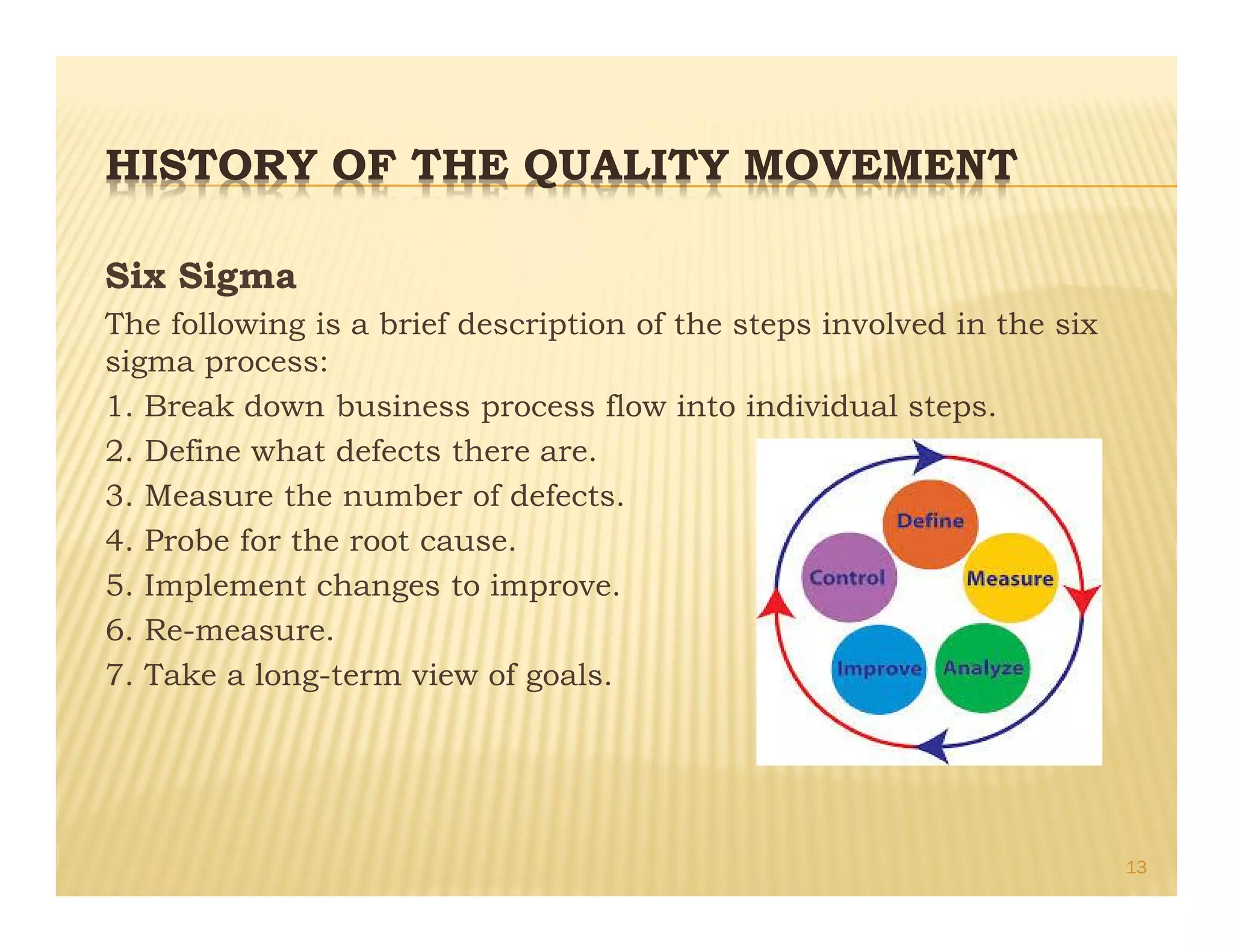 HISTORY OF THE QUALITY MOVEMENT
Six Sigma
The following is a brief description of the steps involved in the six
sigma process:
1. Break down business process flow into individual steps.
2. Define what defects there are.
3. Measure the number of defects.
4. Probe for the root cause.
5. Implement changes to improve.
6. Re-measure.
7. Take a long-term view of goals.
13
 