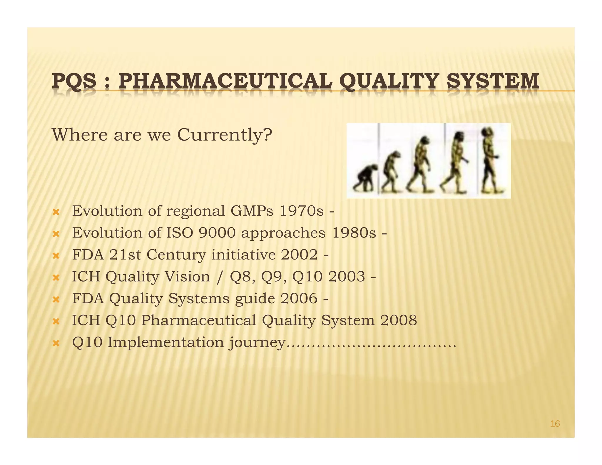 PQS : PHARMACEUTICAL QUALITY SYSTEM
Where are we Currently?
Ò Evolution of regional GMPs 1970s -
Ò Evolution of ISO 9000 approaches 1980s -
Ò FDA 21st Century initiative 2002 -
Ò ICH Quality Vision / Q8, Q9, Q10 2003 -
Ò FDA Quality Systems guide 2006 -
Ò ICH Q10 Pharmaceutical Quality System 2008
Ò Q10 Implementation journey…………………………….
16
 