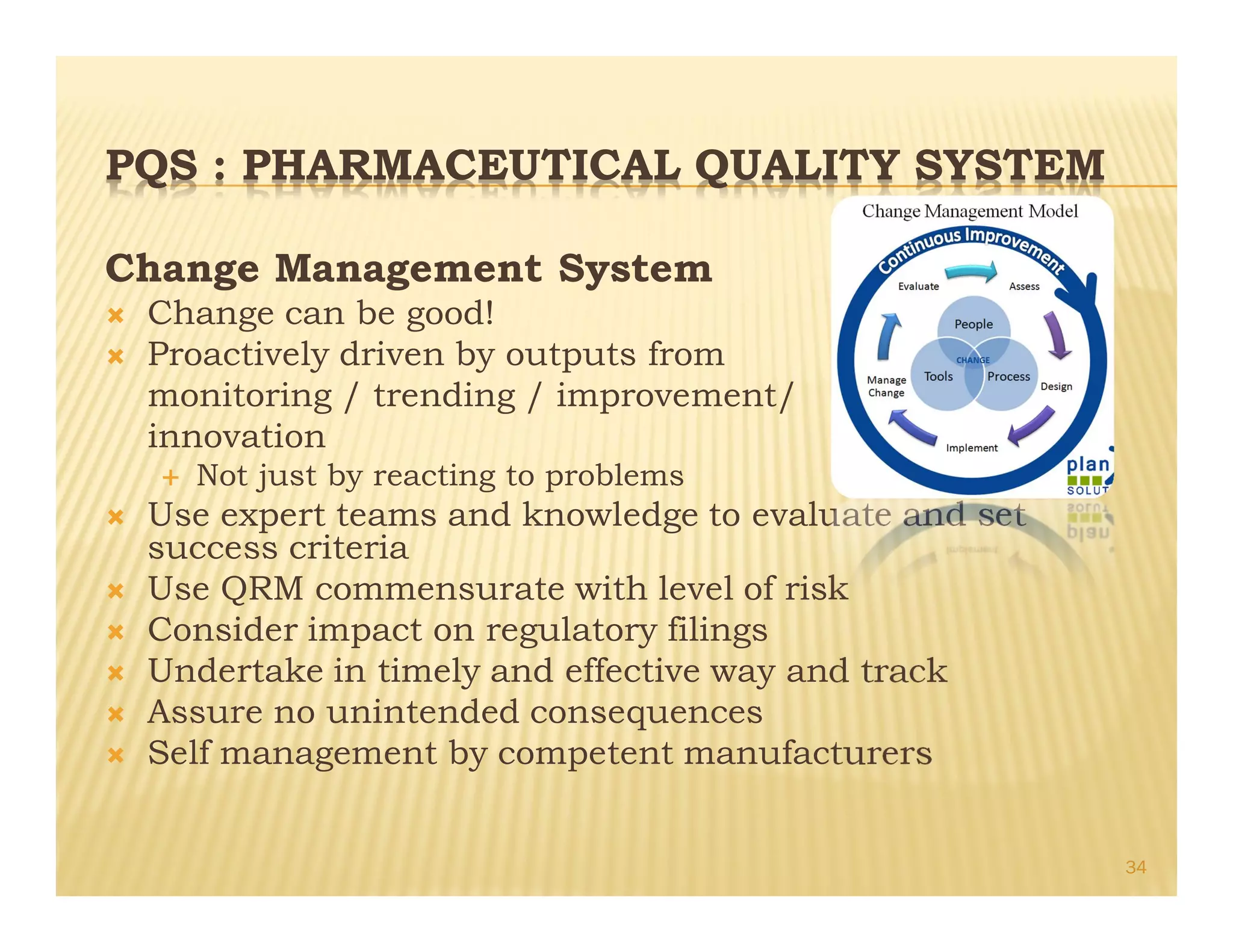 PQS : PHARMACEUTICAL QUALITY SYSTEM
Change Management System
Ò Change can be good!
Ò Proactively driven by outputs from
monitoring / trending / improvement/
innovation
É Not just by reacting to problems
Ò Use expert teams and knowledge to evaluate and set
success criteria
Ò Use QRM commensurate with level of risk
Ò Consider impact on regulatory filings
Ò Undertake in timely and effective way and track
Ò Assure no unintended consequences
Ò Self management by competent manufacturers
34
 