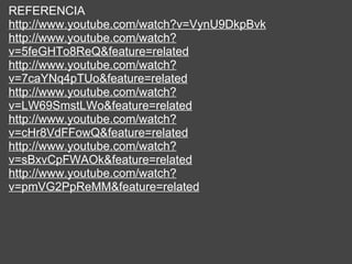 REFERENCIA http://www.youtube.com/watch?v=VynU9DkpBvk http://www.youtube.com/watch?v=5feGHTo8ReQ&feature=related http://www.youtube.com/watch?v=7caYNq4pTUo&feature=related http://www.youtube.com/watch?v=LW69SmstLWo&feature=related http://www.youtube.com/watch?v=cHr8VdFFowQ&feature=related http://www.youtube.com/watch?v=sBxvCpFWAOk&feature=related http://www.youtube.com/watch?v=pmVG2PpReMM&feature=related 