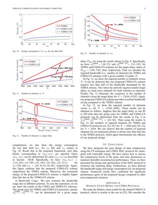WIRELESS COMMUNICATIONS AND MOBILE COMPUTING 9
30 40 50 60 70 80 90 100
0
0.5
1
1.5
2
2.5
nS
Energy(J)
TDMA
CSMA−CS
TDMA−CS
Fig. 10. Energy consumption E vs. nS for one data ﬁeld.
1000 2000 3000 4000 5000 6000 7000 8000 9000
0
50
100
150
200
N
Numberofchannels
0200400 TDMA
CSMA−CS
Target delay=400 slots
Target delay=750 slots
Fig. 11. Number of channels vs. N.
400 450 500 550 600 650 700 750
0
50
100
150
200
Target delay (slots)
Numberofchannels
00.51TDMA
CSMA−CSN = 8192
N = 2048
Fig. 12. Number of channels vs. target delay.
completeness, we also show the energy consumption
for one data ﬁeld (i.e., for nT RIs and nS nodes) in
Fig. 10. Recall that in the proposed framework, only data
blocks corresponding to (mS, mT ) are reported where
(mS, mT ) can be determined for each (nS, nT ) as described
in Section III-B. Speciﬁcally, we have (mS, mT ) =
{(10, 194), (13, 190), (16, 180), (19, 166), (22, 151)} for
nT =256 and nS = {32, 48, 64, 80, 96}, respectively. Again,
this ﬁgure conﬁrms that the proposed CSMA-CS scheme
outperforms the TDMA scheme. Moreover, the consumed
energy of the proposed CSMA-CS scheme is slightly higher
than that due to the TDMA-CS scheme.
4) Bandwidth Usage: We now examine the bandwidth
usage due to different schemes. To ease the exposition, we do
not show the results of the CSMA and TDMA-CS schemes.
The group sizes for TDMA and CSMA-CS protocols, namely
nTDMA
S , nCSMA−CS
S , can be determined for a given target
30 40 50 60 70 80 90 100
0
20
40
60
80
100
120
nS
Numberofchannels
0100200
TDMA
CSMA−CS
N = 2048
N = 4096
Fig. 13. Number of channels vs. nS.
delay Dmax by using the results shown in Fig. 6. Speciﬁcally,
we have nTDMA
S = {40, 75} and nCSMA−CS
S = {55, 128} for
TDMA and CSMA-CS schemes for the target delay values of
Dmax = {400, 750} slots, respectively. Then we calculate the
required bandwidth (i.e., number of channels) for TDMA and
CSMA-CS schemes with a given number of nodes N.
In Fig. 11, we show the required number of channels versus
N. It can be observed that our proposed CSMA-CS scheme
requires less than half of the bandwidth demanded by the
TDMA scheme. Also when the network requires smaller target
delay, we need more channels for both schemes as expected.
Finally, Fig. 12 illustrates the variations in the number of
channels versus the target delay for N = {2048, 8192}. Again,
our proposed CSMA-CS scheme provides excellent bandwidth
saving compared to the TDMA scheme.
In Fig. 13, we show the required number of channels
versus nS for N = {2048, 4096}. These results can be
obtained as follows. Suppose that the target delay in one RI
is 650 slots then the group sizes for TDMA and CSMA-CS
protocols can be determined from the results in Fig. 6 as
nTDMA
S , nCSMA−CS
S = {65, 96}. Then using the results in
Fig. 13, the numbers of required channels for TDMA and
CSMA-CS protocols are {64, 25} for N = 4096 and {32, 13}
for N = 2048. We can observe that the number of required
channels for our proposed scheme is always less than that due
to the TDMA protocol, which again demonstrates the efﬁcacy
of our proposed design.
VI. CONCLUSION
We have proposed the joint design of data compression
using the CS technique and CSMA MAC protocol for smart-
grids with renewable energy. We have shown how to choose
the compression levels in the space and time dimensions to
maintain desirable reconstruction performance. Then, we have
presented the design and optimization of the MAC protocol to
minimize the reporting delay. Furthermore, we have derived
the bandwidth usage and energy consumption for our proposed
scheme. Numerical results have conﬁrmed the signiﬁcant
performance gains of the proposed design compared to other
non-compressed solutions.
APPENDIX A
MARKOV CHAIN MODEL FOR CSMA PROTOCOL
We study the Markov chain model for the slotted CSMA/CA
protocol, which is similar to the one in [23]. We consider the
 