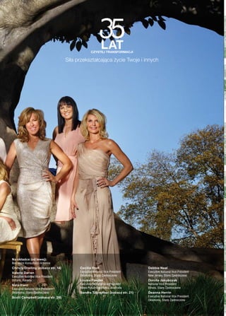 Na okładce (od lewej):
Niezależni Konsultanci Arbonne
Christy Dreiling (zobacz str. 14)
Valerie Darien
Executive National Vice President
Ontario, Kanada
Neta Irwin
Executive National Vice President
Oklahoma, Stany Zjednoczone
Scott Campbell (zobacz str. 26)
Cecilia Stoll
Executive National Vice President
Oklahoma, Stany Zjednoczone
Louise Fowller
Executive National Vice President
Nowa Południowa Walia, Australia
Sandra Tillinghast (zobacz str. 21)
Debbie Neal
Executive National Vice President
New Jersey, Stany Zjednoczone
Dorota Jakubczak
National Vice President
Illinois, Stany Zjednoczone
Deanna Herrin
Executive National Vice President
Oklahoma, Stany Zjednoczone
Na tylnej okładce (od lewej):
Niezależni Konsultanci Arbonne
Esmeralda Saldaña (zobacz str. 76)
Jenn Chen Townsley (zobacz str. 84)
Bassamba Sao
Executive Regional Vice President
Tennessee, Stany Zjednoczone
Laura Fortner, M.D.
National Vice President
Ohio, Stany Zjednoczone
Organizator lub uczestnik programu sprzedaży bezpośredniej nie ma prawa namawiać
innych osób do dokonania płatności, obiecując im, że jeśli nakłonią kogoś do
uczestnictwa w programie, mogą odnieść korzyści. Nie daj się zwieść twierdzeniom, że
wysokie zarobki są łatwo osiągalne.
Arbonne oferuje Niezależnym Konsultantom możliwość stworzenia zyskownego
biznesu Arbonne. Podobnie jak w przypadku każdej innej działalności, sukces lub
porażka Niezależnego Konsultanta Arbonne zależy od jego własnych umiejętności
i osobistego zaangażowania. Posiadanie własnej, niezależnej działalności Arbonne
wymaga ciężkiej pracy, oddania, umiejętności i motywacji wewnętrznej. Twój sukces
jako Niezależny Konsultant Arbonne będzie zależał od tego, jak dobrze wykorzystasz
te cechy — i choć Arbonne nie gwarantuje sukcesu, sukces można jak najbardziej
osiągnąć! Aby zapewnić Niezależnym Konsultantom Arbonne dostęp do informacji
o corocznych wskaźnikach sukcesów finansowych osiąganych przez wszystkich
Niezależnych Konsultantów Arbonne, nie tylko tych najlepiej wynagradzanych, Arbonne
zamieszcza co roku Zestawienie Wynagrodzenia Niezależnych Konsultantów (ICCS)
na stronie www.arbonne.com. ICCS można również zamówić zamówić, dzwoniąc
dzwoniąc pod numer 00 800 141 0231. Organizator lub uczestnik programu sprzedaży
bezpośredniej nie ma prawa namawiać innych osób do dokonania płatności, obiecując
im, że jeśli nakłonią kogoś do uczestnictwa w programie, mogą odnieść korzyści. Nie
daj się zwieść twierdzeniom, że wysokie zarobki są łatwo osiągalne. Arbonne Europe
Sàrl („Arbonne”) z siedzibą w Bösch 71, Postfach 663, CH — 6331 Hünenberg w
Szwajcarii jest organizatorem niniejszego programu sprzedaży bezpośredniej w Polsce.
Towary sprzedawane w ramach tego programu to kosmetyki do pielęgnacji skóry oraz
kosmetyki koloryzujące produkowane lub dostarczane przez Arbonne oraz inne produkty
i usługi, które Arbonne okresowo wprowadza do swojej oferty. Posiadanie własnej firmy
może stworzyć możliwość odpisów podatkowych, jednak musisz skontaktować się ze
specjalistą od prawa podatkowego w celu ustalenia, do jakich konkretnych potrąceń
kwalifikuje się Twoja firma.
Siła przekształcająca życie Twoje i innych
 