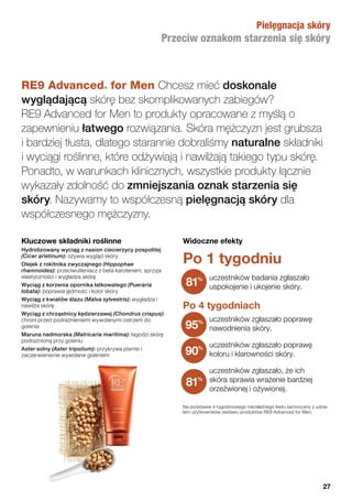 Widoczne efekty
Po 1 tygodniu
uczestników badania zgłaszało
uspokojenie i ukojenie skóry.
Po 4 tygodniach
uczestników zgłaszało poprawę
nawodnienia skóry.
uczestników zgłaszało poprawę
koloru i klarowności skóry.
uczestników zgłaszało, że ich
skóra sprawia wrażenie bardziej
orzeźwionej i ożywionej.
Na podstawie 4-tygodniowego niezależnego testu samooceny z udzia-
łem użytkowników zestawu produktów RE9 Advanced for Men.
81%
95%
90%
81%
RE9 Advanced® for Men Chcesz mieć doskonale
wyglądającą skórę bez skomplikowanych zabiegów?
RE9 Advanced for Men to produkty opracowane z myślą o
zapewnieniu łatwego rozwiązania. Skóra mężczyzn jest grubsza
i bardziej tłusta, dlatego starannie dobraliśmy naturalne składniki
i wyciągi roślinne, które odżywiają i nawilżają takiego typu skórę.
Ponadto, w warunkach klinicznych, wszystkie produkty łącznie
wykazały zdolność do zmniejszania oznak starzenia się
skóry. Nazywamy to współczesną pielęgnacją skóry dla
współczesnego mężczyzny.
Kluczowe składniki roślinne
Hydrolizowany wyciąg z nasion ciecierzycy pospolitej
(Cicer arietinum): ożywia wygląd skóry
Olejek z rokitnika zwyczajnego (Hippophae
rhamnoides): przeciwutleniacz z beta karotenem; sprzyja
elastyczności i wygładza skórę
Wyciąg z korzenia opornika łatkowatego (Pueraria
lobata): poprawia jędrność i kolor skóry
Wyciąg z kwiatów ślazu (Malva sylvestris): wygładza i
nawilża skórę
Wyciąg z chrząstnicy kędzierzawej (Chondrus crispus):
chroni przed podrażnieniami wywołanymi ostrzem do
golenia
Maruna nadmorska (Matricaria maritima): łagodzi skórę
podrażnioną przy goleniu
Aster solny (Aster tripolium): przykrywa plamki i
zaczerwienienie wywołane goleniem
Pielęgnacja skóry
Przeciw oznakom starzenia się skóry
27
 